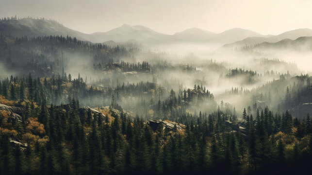A mountains forest filled with lots of trees covered in fog, wallpaper, Generative AI © M2L
