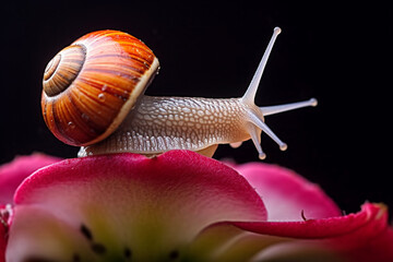 A close-up of a snail on a flower with a brown shell and a long thin body, Generative AI