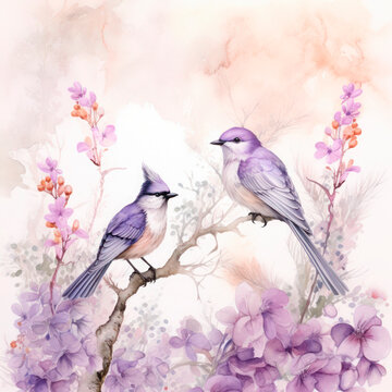 Colorful birds on stick blooming tree with flower in watercolor design artistic. Concept of painting technique isolated on white background in canvas.