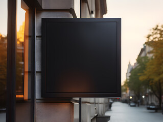 Fototapeta premium Empty black square signboard mockup in outside for logo design, brand presentation for companies, ad, advertising, shops.