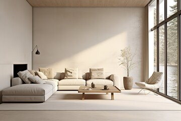 Bright living room interior with white empty wall,Generative AI