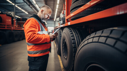 Serviceman with digital tablet on the background of the truck in the garage. Pretrip technical inspection, checklist