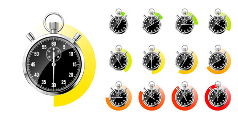 Realistic classic stopwatch. Shiny metal chronometer, black time counter with dial. Colorful countdown timer showing minutes, seconds. Time measurement for sport, start or finish. Vector illustration