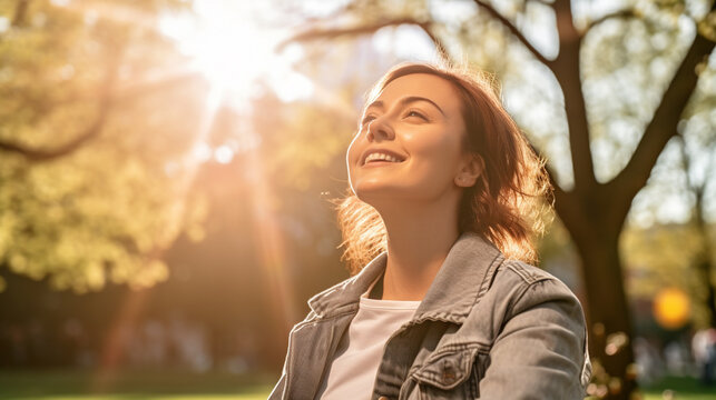A person sitting in a park enjoying the fresh air and sunshine, mental health images, photorealistic illustration