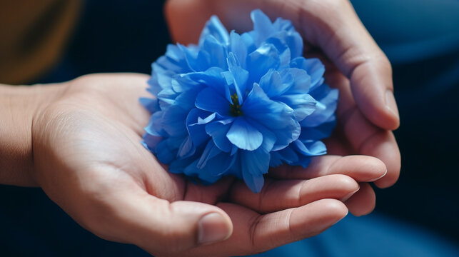 A close-up of a persons hand holding a flower, mental health images, photorealistic illustration