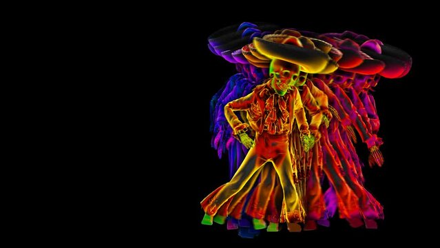 Seamless animation glass mariachi skeleton salsa dancing isolated with echo effect. Funny character dressed up  for The Day of Dead holiday with hat, makeup and costume.