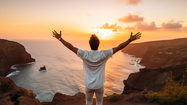 A man standing on a cliff overlooking the ocean, mental health images, photorealistic illustration