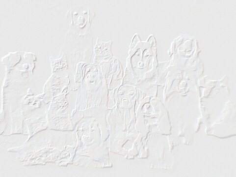 Embossed image of dogs and cats.