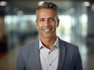 Headshot close up portrait of indian or latin confident mature good looking middle age leader, ceo male businessman on blur office background. Handsome hispanic senior business man smiling at camera.