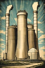 Fictional nuclear power plant vintage poster.