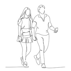 Obraz na płótnie Canvas Young couple walking. Hold hands and phones. Wearing summer casual clothing. Continuous line drawing. Black and white vector illustration in line art style.