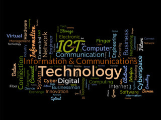 Word cloud background concept for Information and Communications Technology (ict). cyberspace network system of software development service. vector illustration.