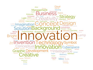 Word cloud background concept for Innovation. Creativity concept strategy can do invention solution idea develop. vector illustration.