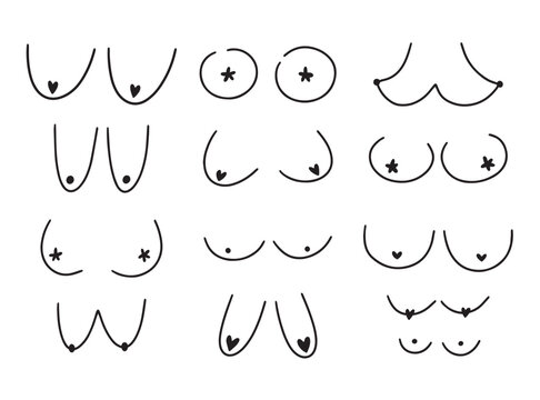 Hand drawn woman breast collection. Different kinds of woman breast on white background. Doodle vector illustration.