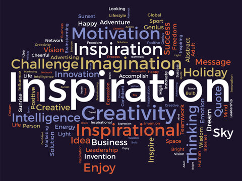Word cloud background concept for Inspiration. Creative innovation, intelligence imagination idea of business vision. vector illustration.