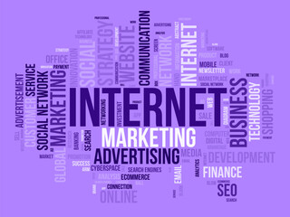 Word cloud background concept for Internet marketing. Web advertising with seo, digital marketing and others digital media strategy. vector illustration.