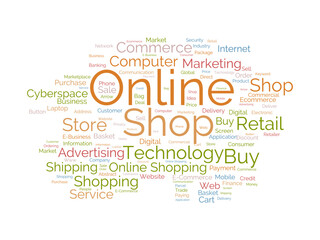 Word cloud background concept for Online shop. Growth your retail or e-commerce business with digital online marketing system. vector illustration.