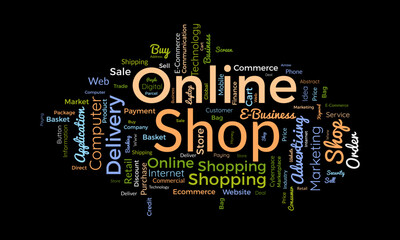 Word cloud background concept for Online shop. Growth your retail or e-commerce business with digital online marketing system. vector illustration.