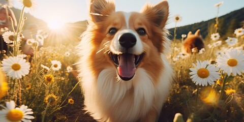 AI Generated. AI Generative. Outdoor nature field meadow pet animal happy smile dog portrait face running funny friend. Graphic Art