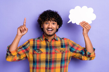 Portrait of young student indian man finger direct up eureka holding bubble figure cloud invention...