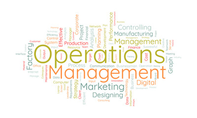 Word cloud background concept for Operations management. Business analysis, production planning control of factory maintenance. vector illustration.