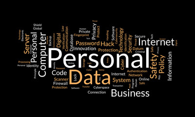 Word cloud background concept for Personal data. Digital safety protection policy used for personal internet security. vector illustration.