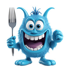 Cute blue hungry monster holding big fork isolated on transparent background.