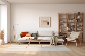Fototapeta na wymiar White minimalist living room interior with sofa on a wooden floor, decor on a large wall, white landscape in window. Home Nordic interior | Scandinavian interior poster mock up,Generative AI.