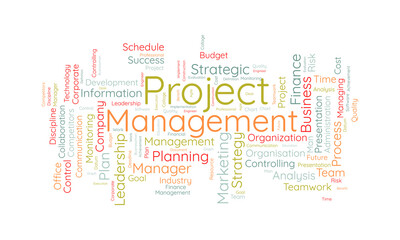 Obraz premium Word cloud background concept for Project management. Professional business resource plan for business graph management. vector illustration.