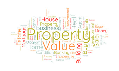 Word cloud background concept for Property value. Investment business, financial loan mortgage, housing evaluation of property business. vector illustration.