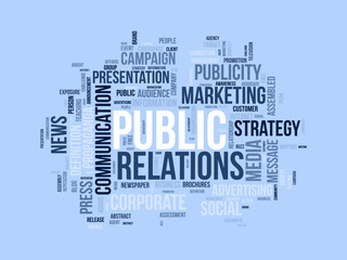 Word cloud background concept for Public Relations. Business communication, corporate campaign and media marketing. strategy of publicity promotion. vector illustration.