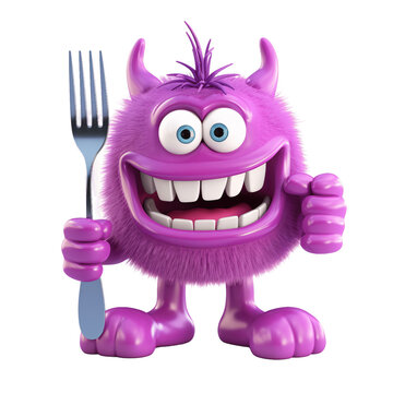 Cute purple hungry monster holding big fork isolated on transparent background.