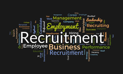 Word cloud background concept for Recruitment. Business employment resource search for hiring human job concept. vector illustration.