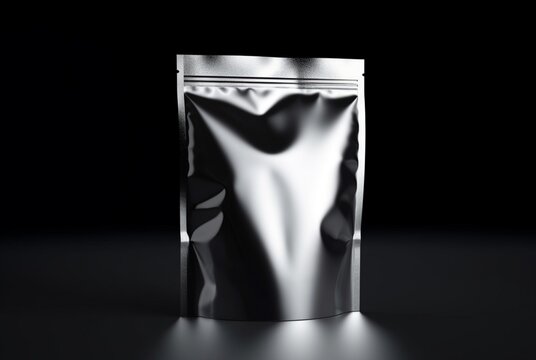 Blank foil food bag isolated on black background. generative ai