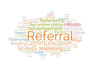 Word cloud background concept for Referrals. Business affiliate suggestion strategy for traffic network advertising. vector illustration.