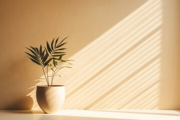 Plant On Table In Sunlight With Long Shadows On Beige Wall Background, Empty Space. Generative AI