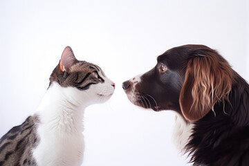 Portrait Of Cat And Dog In Profile On White Background. Generative AI