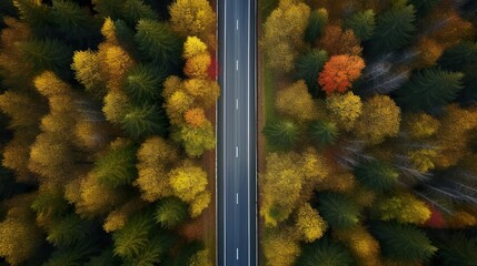 Top drone view of a road in a yellow and brown forest in autumn. Ai generative art