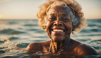Elderly lady swimming in the sea with copy space