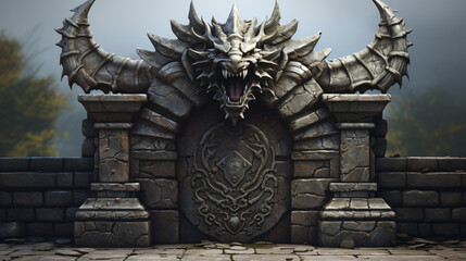 Fantasy medieval stone gate with sculpted dragon head