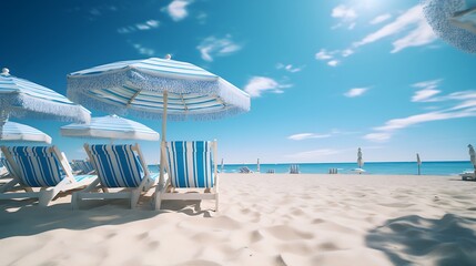 Vacation on the beach with beach chairs and umbrellas on the blue sea. Holiday feeling in the summer sun | Generative AI - obrazy, fototapety, plakaty