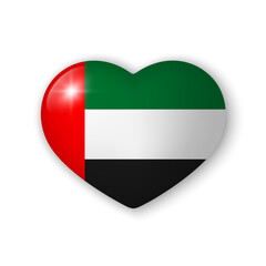 Obraz premium 3d heart with flag of Emirates. Glossy realistic vector element on white background with shadow underneath. Best for mobile apps, UI and web design.