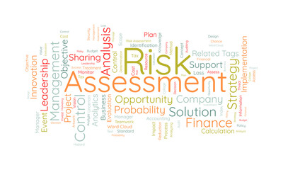 Word cloud background concept for Risk assessment. Cloud finance strategic plan for business control for loss or profit. Vector illustration.