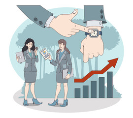 Ladies discuss growth and development of company, managing work time. Time organization and management concept. Flat vector illustration in blue colors in cartoon style