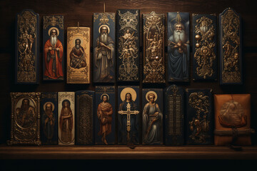 collection of religious icons from different traditions, representing various saints and deities Generative AI