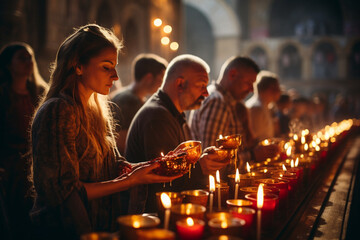 Fototapeta premium worshippers lighting candles and venerating religious icons as an act of devotion and prayer Generative AI