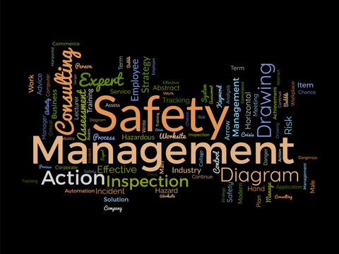 Word cloud background concept for Safety management. Strategic consulting diagram for effective business inspection. vector illustration.