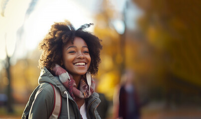 Fototapeta premium Proud African girl Smiling dark skinned female student outdoors. Happy portrait with copy space. African American teenager stylish portrait having fun