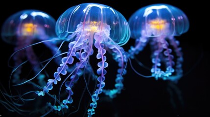 Fototapeta na wymiar Jellyfish underwater background. Glowing Transparent jelly fish swim deep in blue sea. Realistic Medusa neon fantasy Detailed deep ocean creature. AI illustration.