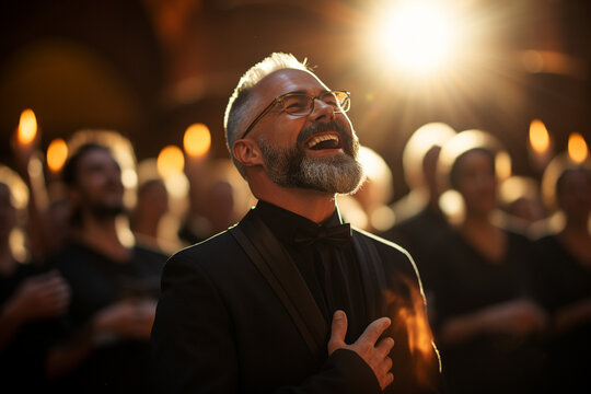 An inspiring shot of the choir director leading the singers, guiding their voices and expressions with grace and enthusiasm Generative AI